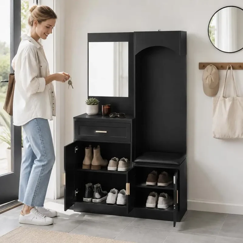 Meuble d'entrée noir avec miroir, banc et rangement chaussures