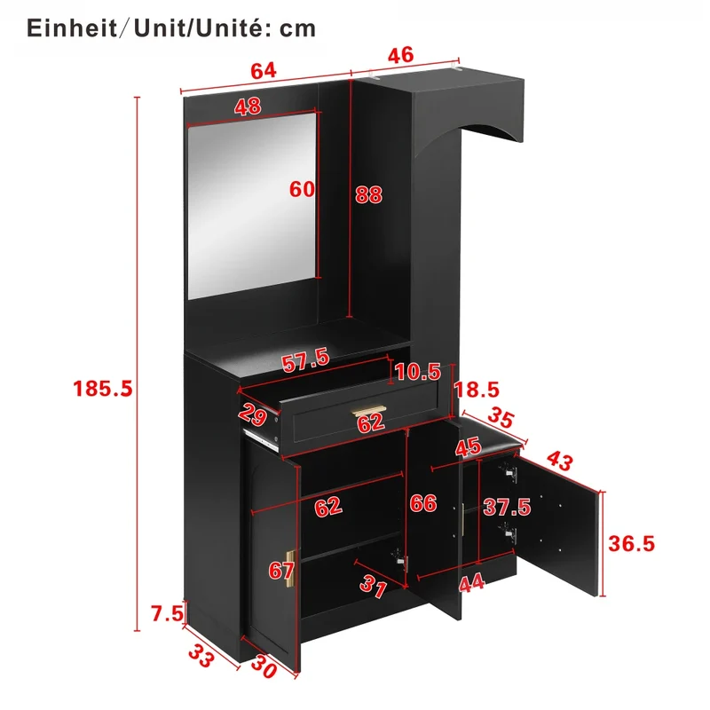Meuble d'entrée noir avec miroir, banc et rangement chaussures