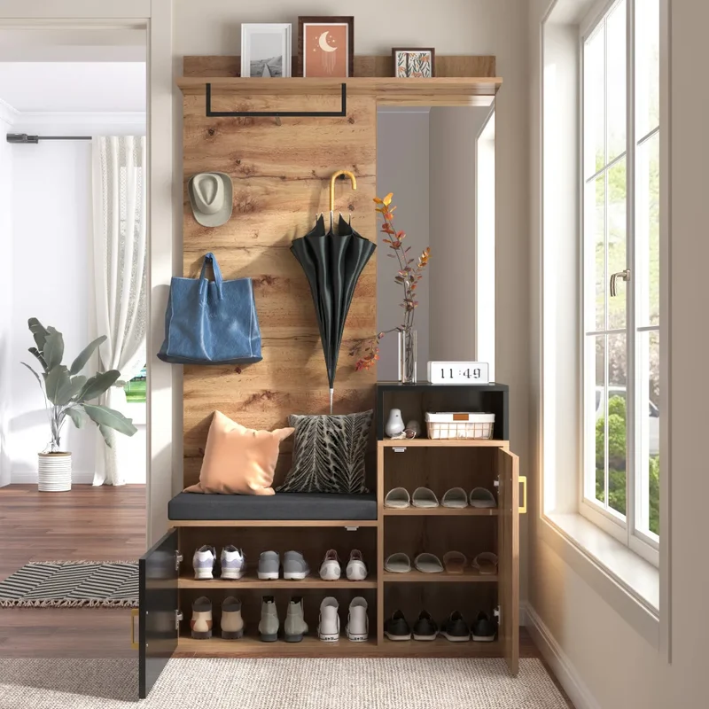 Ensemble meuble d’entrée avec miroir, banc et rangement chaussures