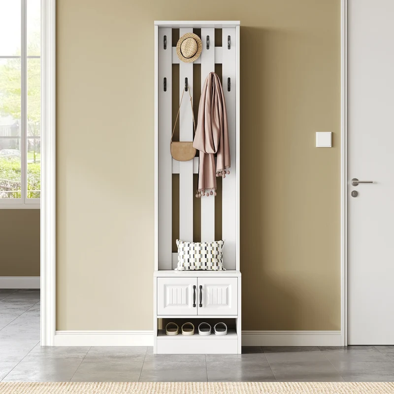 Meuble à chaussures blanc avec banc, portes et patères