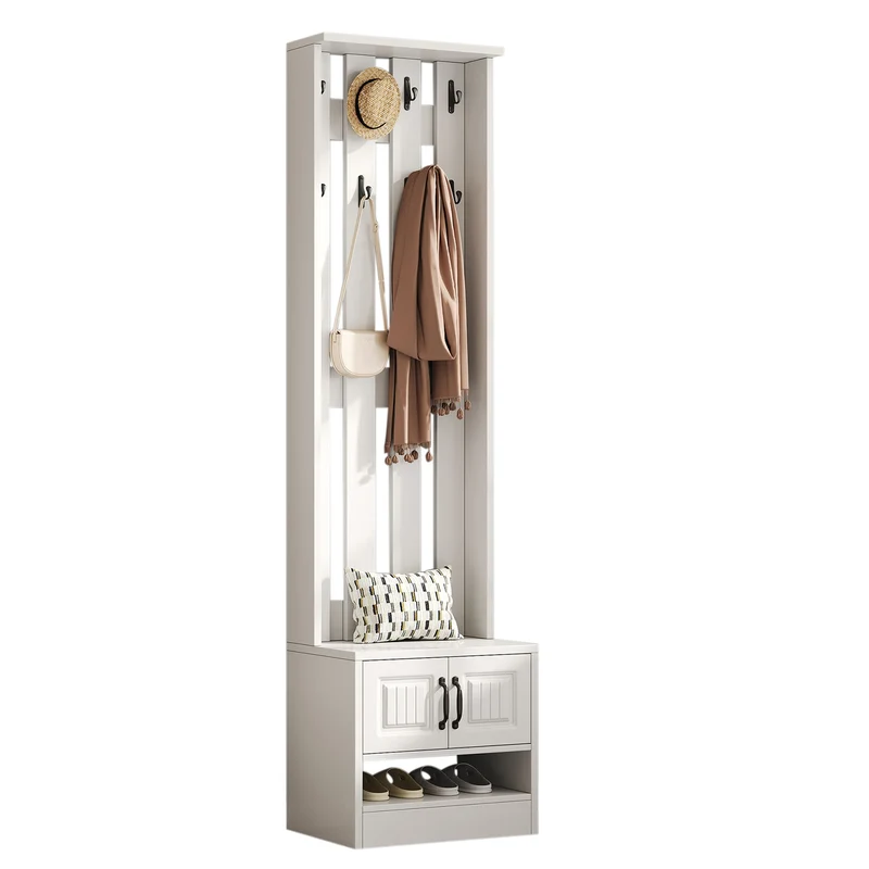 Meuble à chaussures blanc avec banc, portes et patères