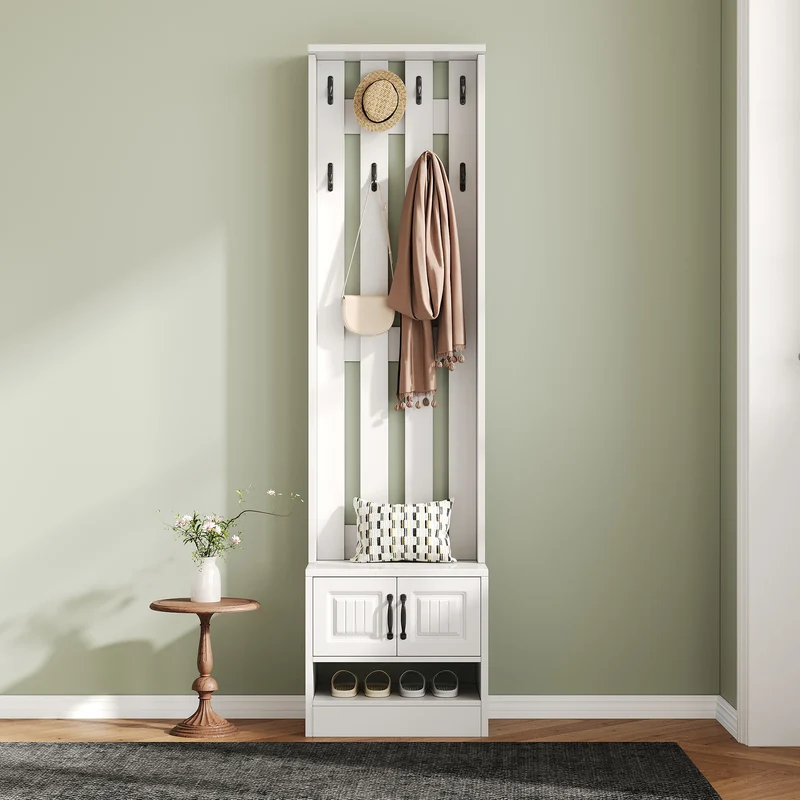 Meuble à chaussures blanc avec banc, portes et patères