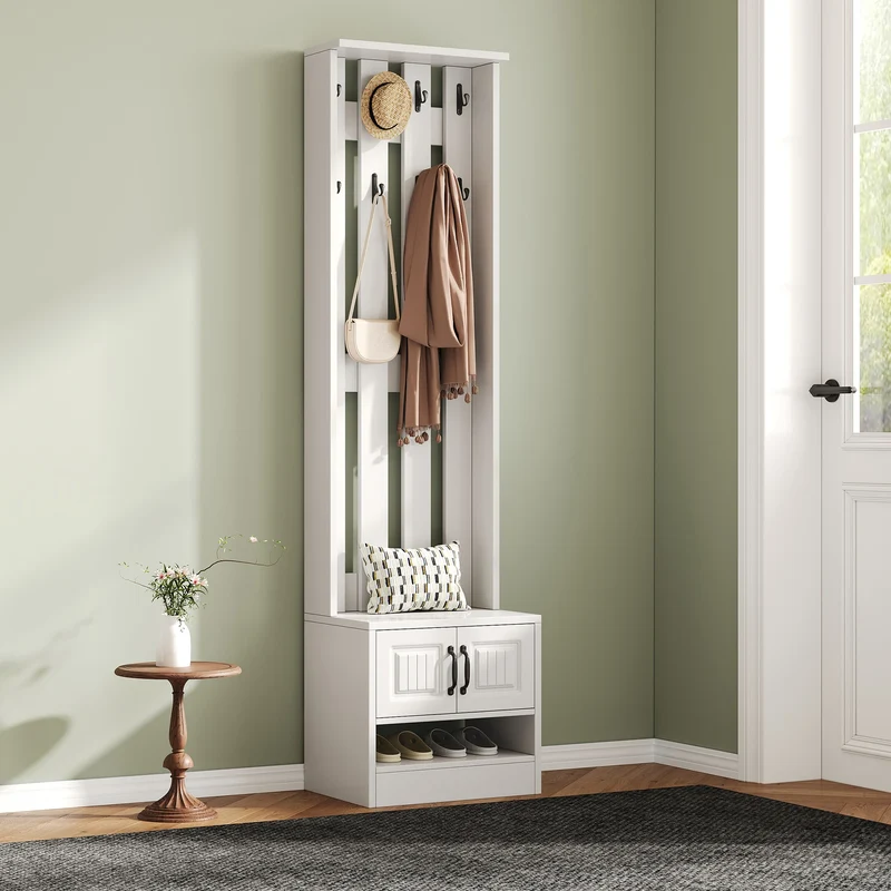 Meuble à chaussures blanc avec banc, portes et patères