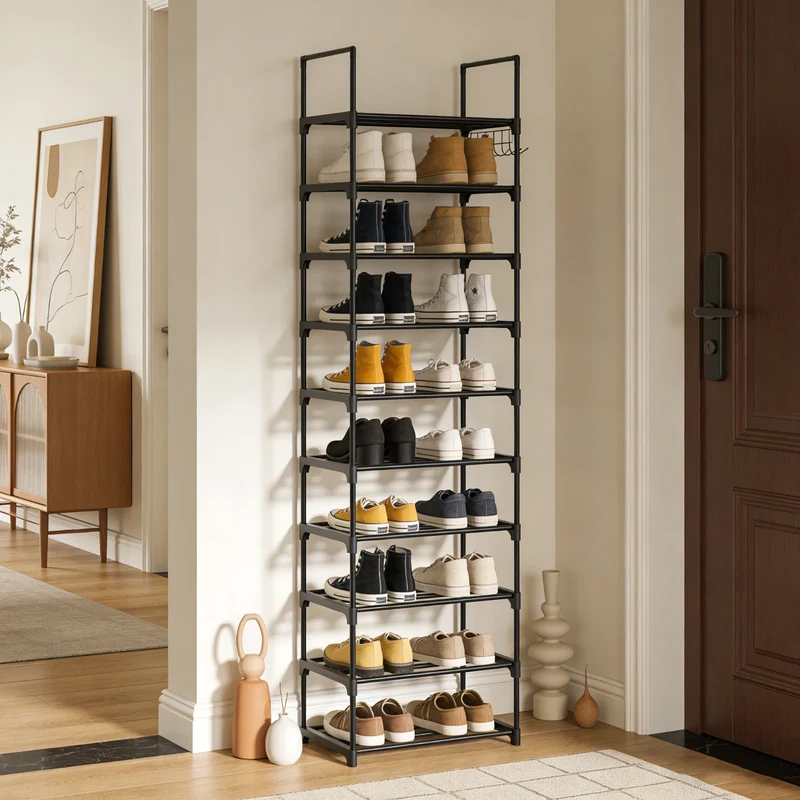 Porte-chaussures en métal 10 niveaux avec crochets
