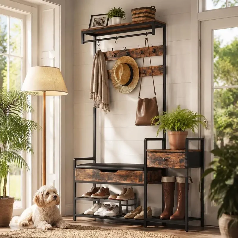 Meuble d'entrée 178 cm de haut avec banc et rangement à chaussures