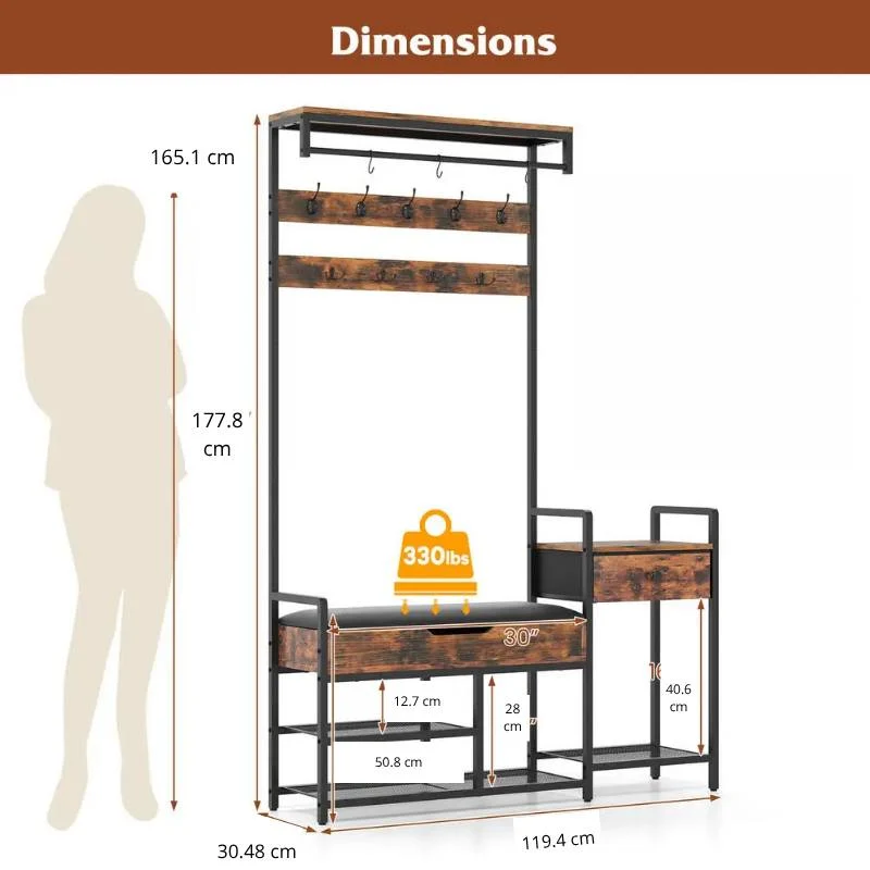 Meuble d'entrée 178 cm de haut avec banc et rangement à chaussures