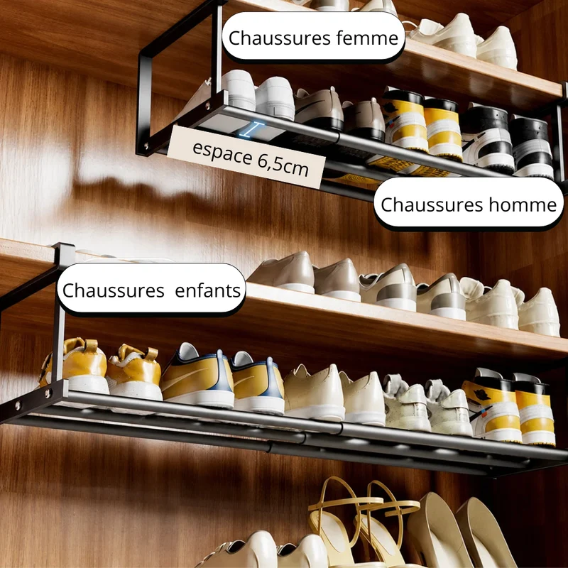 Étagère à chaussures suspendue réglable, sans perçage