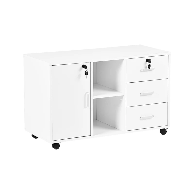 Classeur latéral en bois blanc à 3 tiroirs, verrouillable, avec étagères de rangement ouvertes