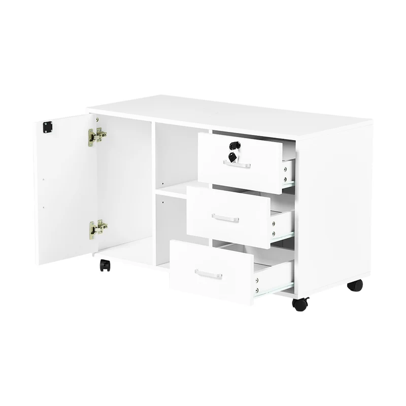 Classeur latéral en bois blanc à 3 tiroirs, verrouillable, avec étagères de rangement ouvertes