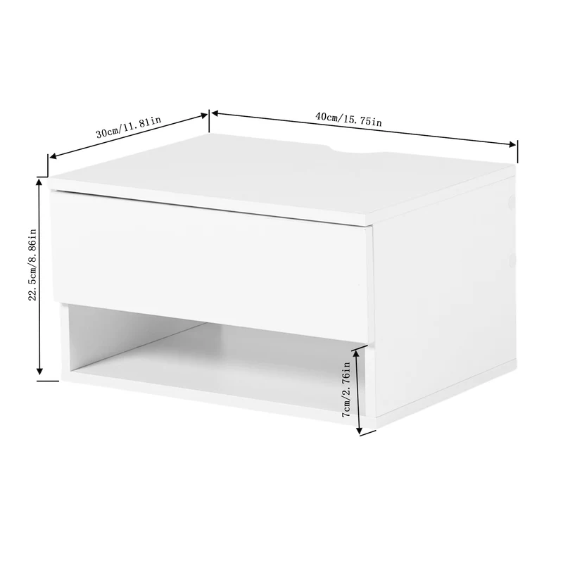 Ensemble de deux tables de chevet murales avec tiroirs et étagères, Blanc et Grain Flammé