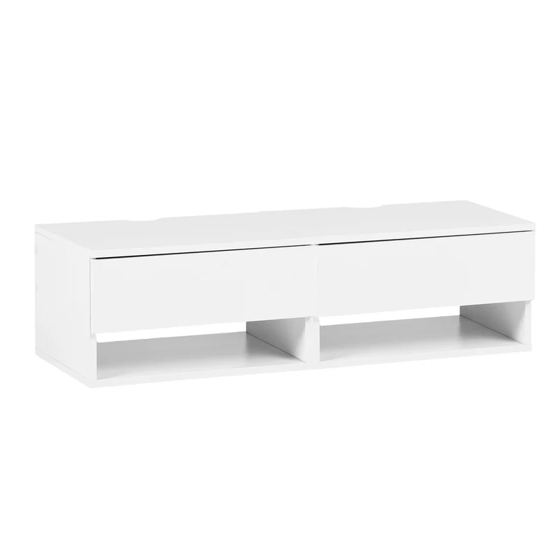 Ensemble de deux tables de chevet murales avec tiroirs et étagères, Blanc et Grain Flammé
