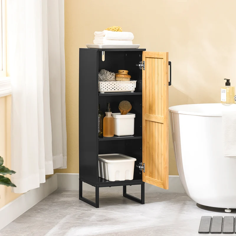 SoBuy BZR203-SCH Meuble Salle de Bain avec Porte Bambou, Gain de Place, Design Moderne, pour Salle de Bain et WC, Usage Quotidien – L30×P30×H90 cm, Bambou, Noir