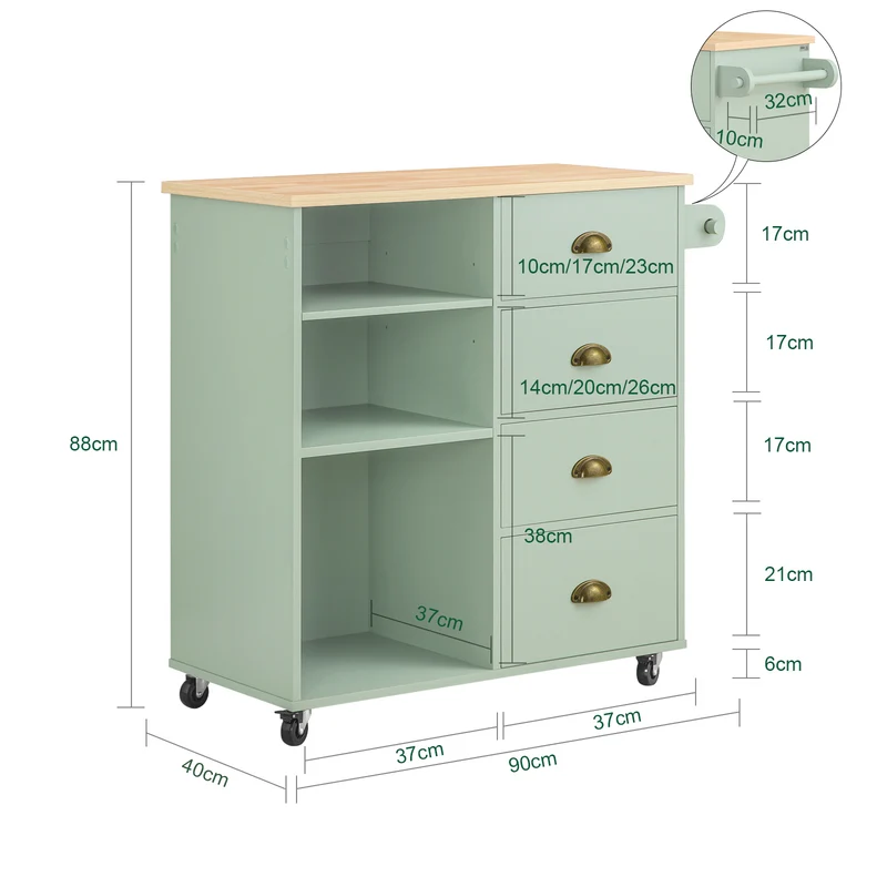 SoBuy FKW127-GR Chariot de Cuisine avec 3 Compartiments et 4 Tiroirs Service Table d’Appoint Chariot à roulettes Vert 90x40x88cm