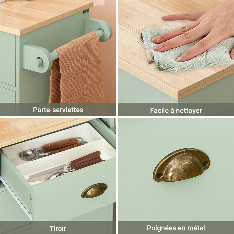 SoBuy FKW127-GR Chariot de Cuisine avec 3 Compartiments et 4 Tiroirs Service Table d’Appoint Chariot à roulettes Vert 90x40x88cm