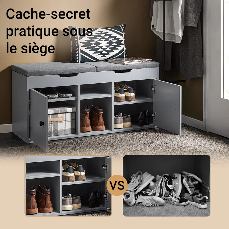 SoBuy FSR96-DG Banc à Chaussures avec Coussin Rembourré et Étagères, Meuble d'Entrée – 100x34x47 cm, Gris Foncé