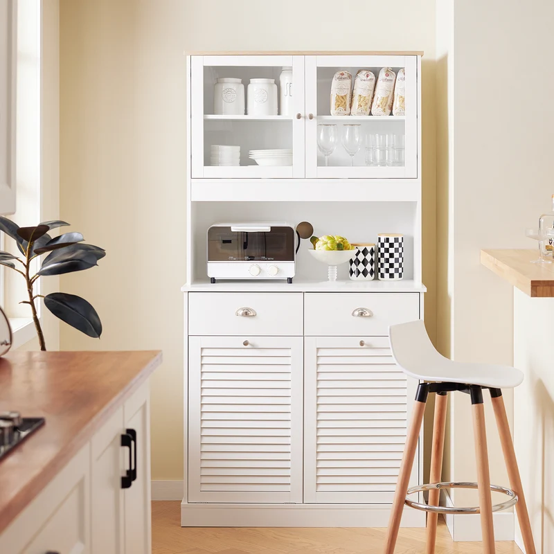 SoBuy FSB101-W Buffet Cuisine avec 3 Portes, 2 Tiroirs et Compartiment à Poubelle, Design Moderne, pour Cuisine et Salle à Manger – L92×P40×H180 cm, Blanc