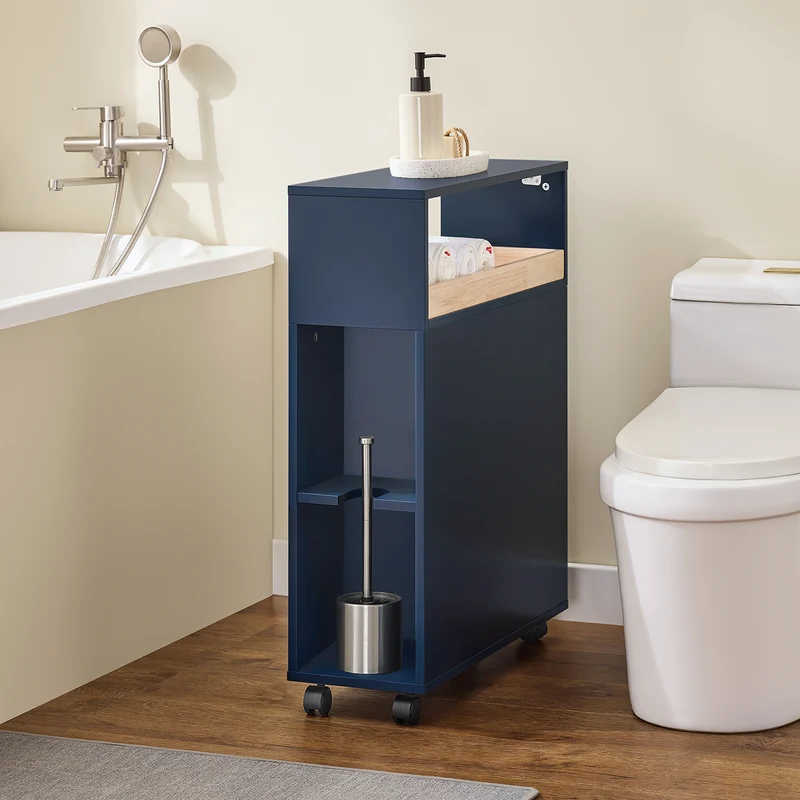 SoBuy BZR195-B Meuble de Rangement Salle de Bain Étroit sur roulettes, Support Papier Toilette, Armoire Toilettes WC Compact, 1 Plateau Amovible et 3 Tiroirs