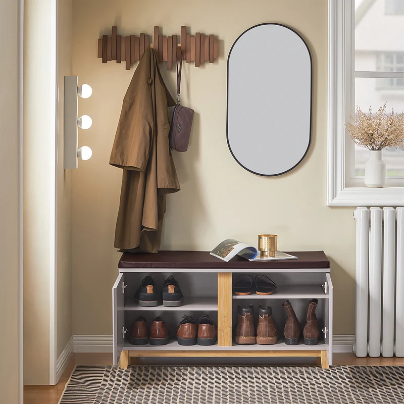 SoBuy FSR117-KA Banc à Chaussures avec Coussin Amovible – 2 Portes, Étagères Réglables, 4 Compartiments, 150 kg, 104×35×47 cm, Kaki