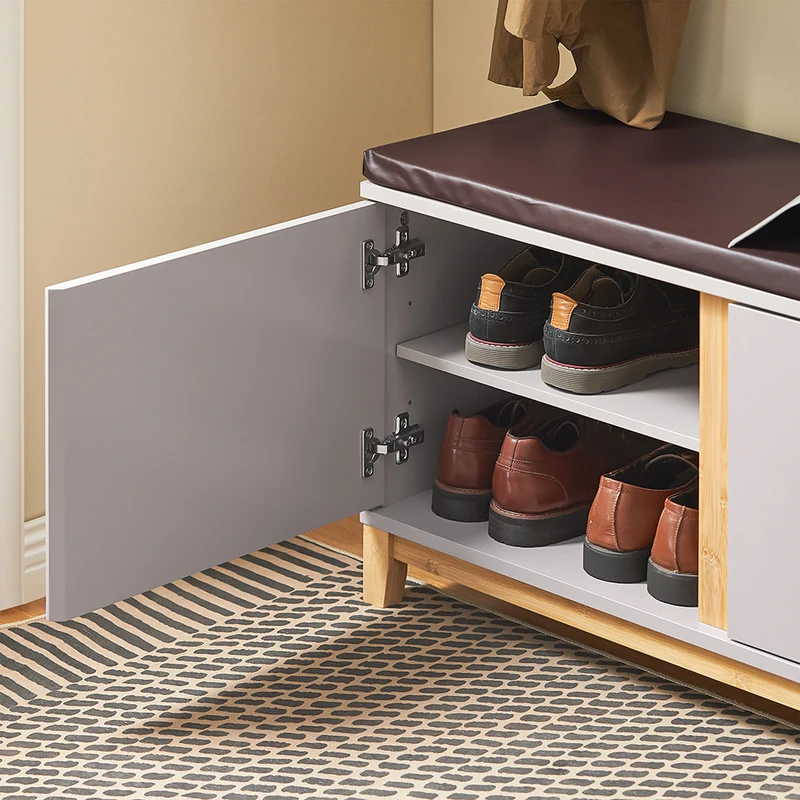 SoBuy FSR117-KA Banc à Chaussures avec Coussin Amovible – 2 Portes, Étagères Réglables, 4 Compartiments, 150 kg, 104×35×47 cm, Kaki