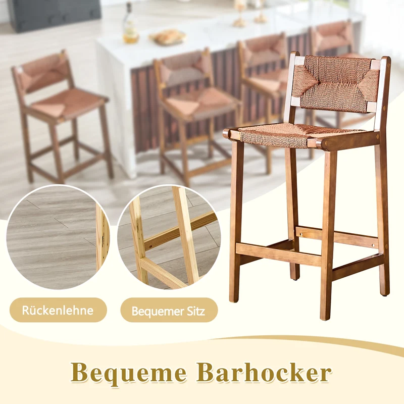 Lot de 2 tabourets de bar en bois massif rustiques avec cannage en corde PLANTBLACK