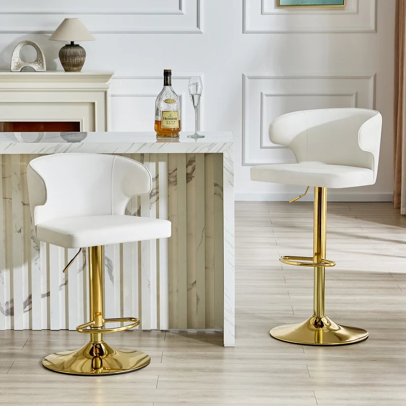 Lot de 2 tabourets de bar blancs en PU pivotants 360° et repose-pieds dorés PINEPRO