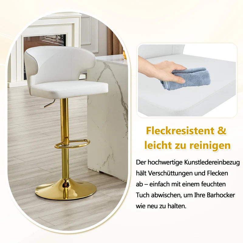 Lot de 2 tabourets de bar blancs en PU pivotants 360° et repose-pieds dorés PINEPRO