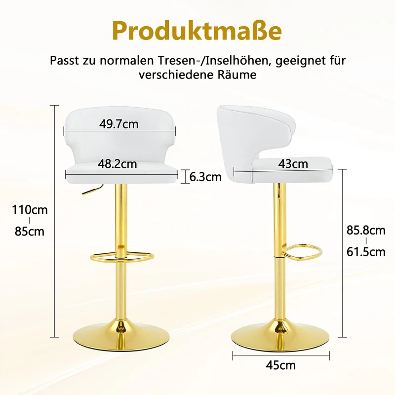 Lot de 2 tabourets de bar blancs en PU pivotants 360° et repose-pieds dorés PINEPRO