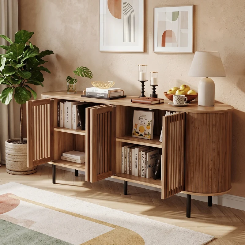 Buffet effet bois 4 portes cannées 160x40x70cm PILLOWCONCRETE