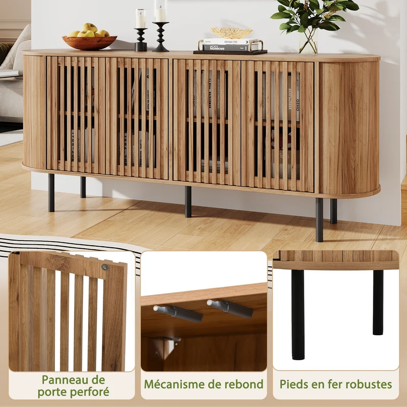Buffet effet bois 4 portes cannées 160x40x70cm PILLOWCONCRETE