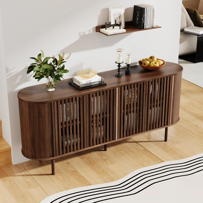 Buffet effet noyer 4 portes coulissantes ajourées 160x40x70cm PANELPRO