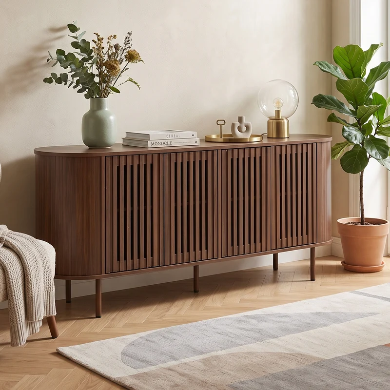 Buffet effet noyer 4 portes coulissantes ajourées 160x40x70cm PANELPRO