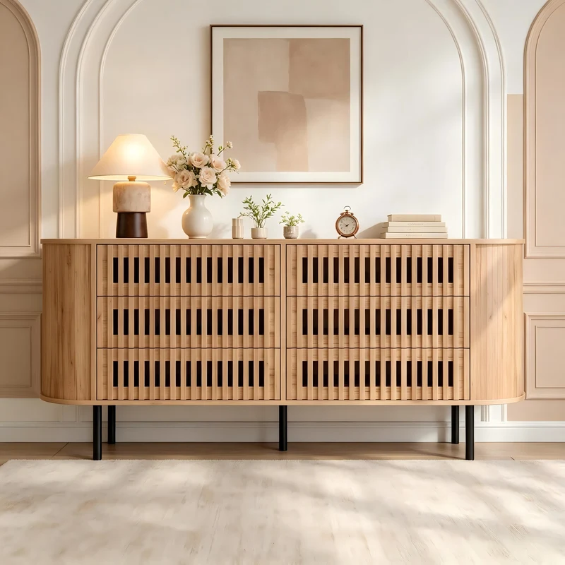 Buffet 160 cm effet bois, 6 tiroirs design à lattes, style cannage naturel PANELRESIN