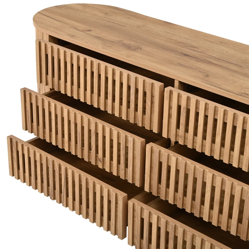 Buffet 160 cm effet bois, 6 tiroirs design à lattes, style cannage naturel PANELRESIN