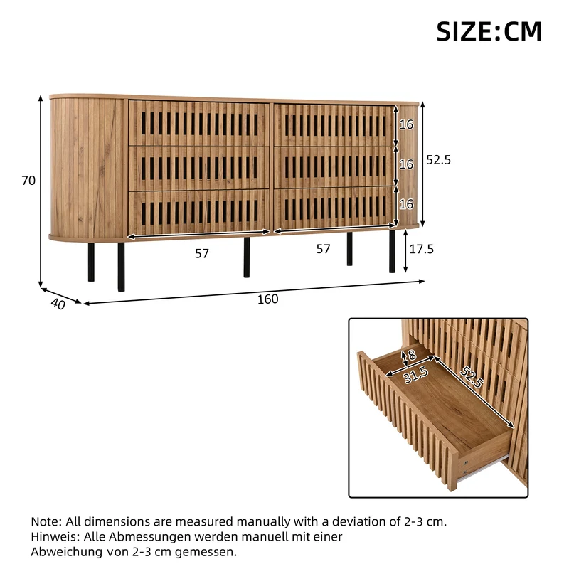 Buffet 160 cm effet bois, 6 tiroirs design à lattes, style cannage naturel PANELRESIN