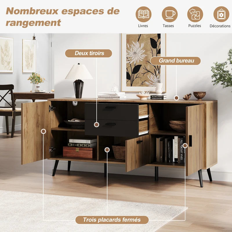 Buffet moderne effet bois et noir 2 tiroirs 3 portes 140x35x67cm MODERNLAMPHOME