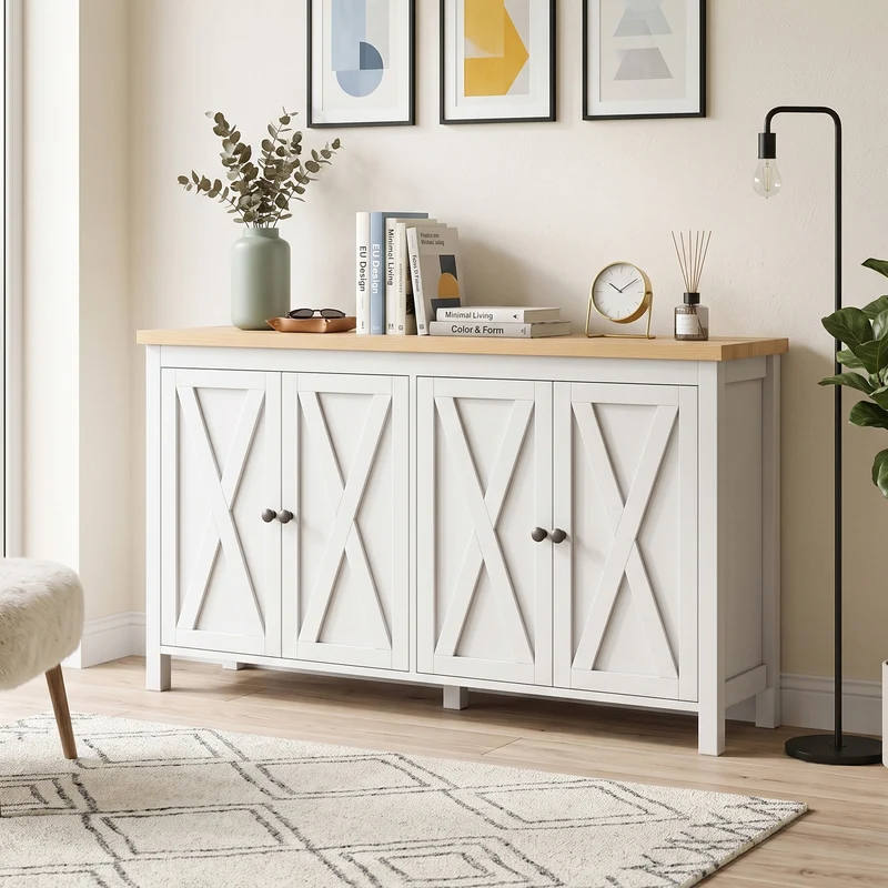 Buffet blanc et effet bois à 4 portes, style scandinave 140×40×78cm MODERNMIRRORHOME