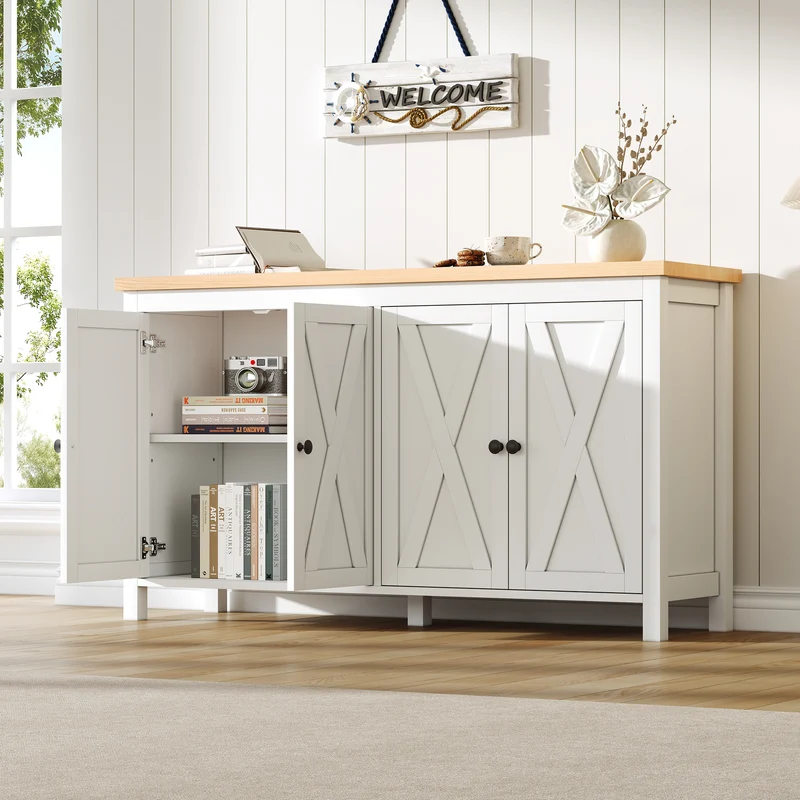 Buffet blanc et effet bois à 4 portes, style scandinave 140×40×78cm MODERNMIRRORHOME