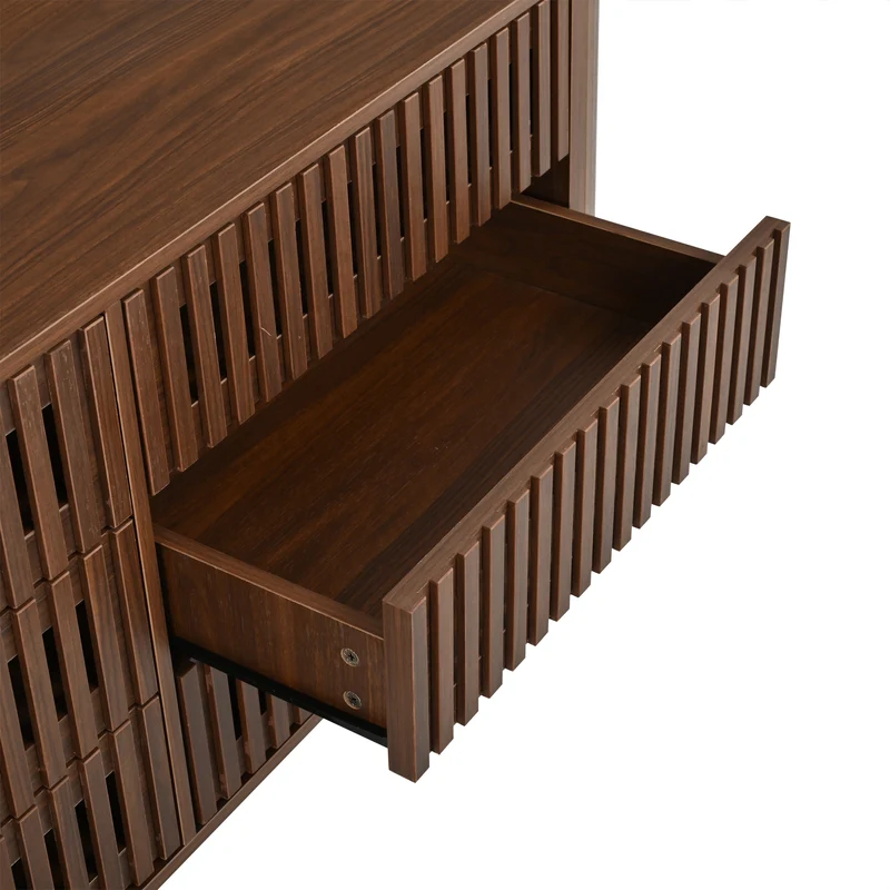 Buffet effet noyer, 6 tiroirs, design à lattes 160×40×70cm PANELSTYLE