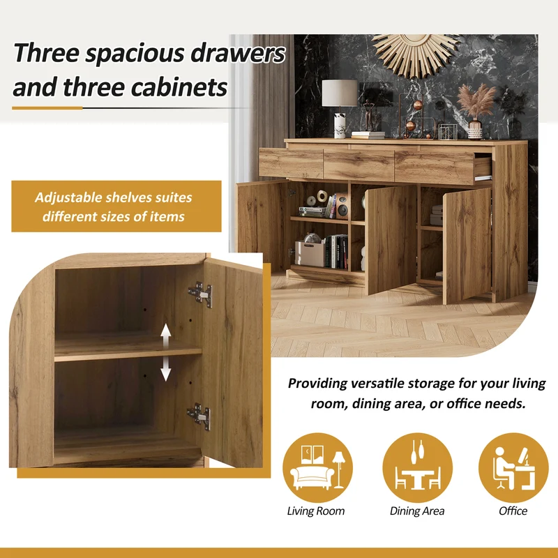 Buffet effet bois naturel 3 portes et 3 tiroirs 135x40x81cm MODERNTABLESET