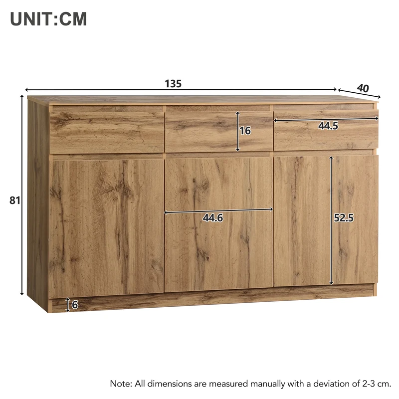 Buffet effet bois naturel 3 portes et 3 tiroirs 135x40x81cm MODERNTABLESET