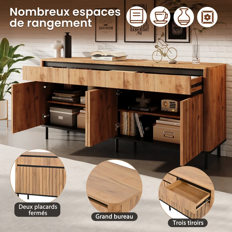 Buffet effet chêne 3 tiroirs et 3 portes cannées 160×40×73cm MODERNCREDENZAHOME