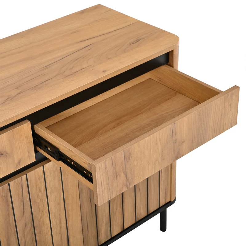 Buffet effet chêne 3 tiroirs et 3 portes cannées 160×40×73cm MODERNCREDENZAHOME
