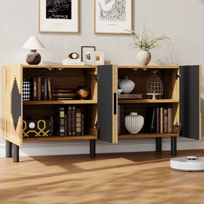Buffet effet bois et noir motif losange 4 portes 140x40x70cm MODERNCEILINGHOME