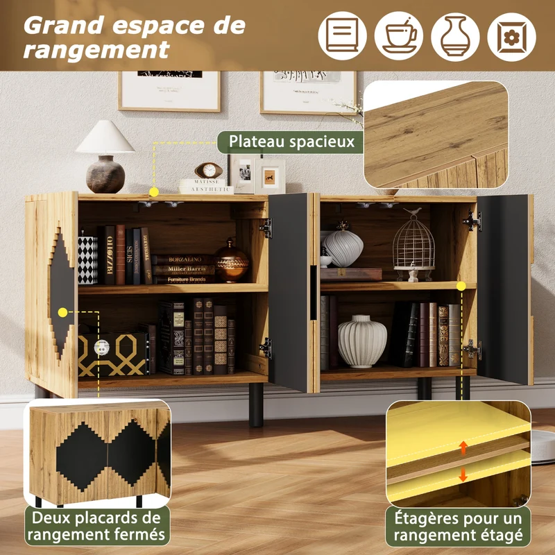 Buffet effet bois et noir motif losange 4 portes 140x40x70cm MODERNCEILINGHOME