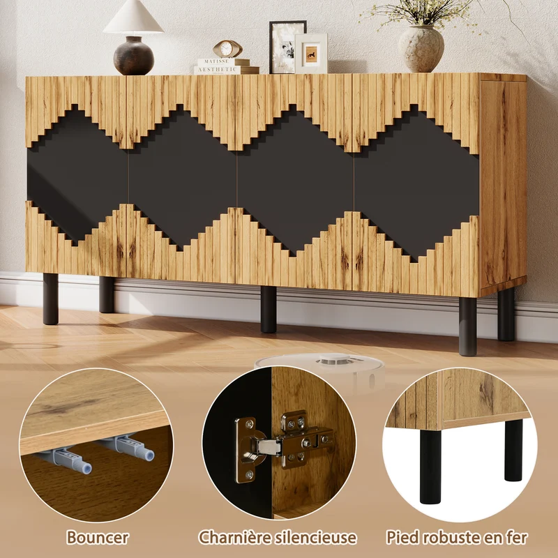 Buffet effet bois et noir motif losange 4 portes 140x40x70cm MODERNCEILINGHOME