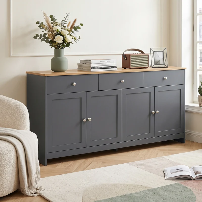 Buffet effet bois et gris 4 portes 3 tiroirs style campagne chic PLANTCOLLECTION