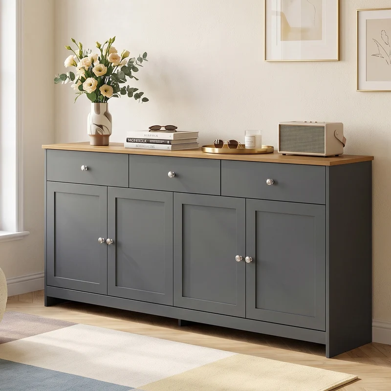 Buffet effet bois et gris 4 portes 3 tiroirs style campagne chic PLANTCOLLECTION