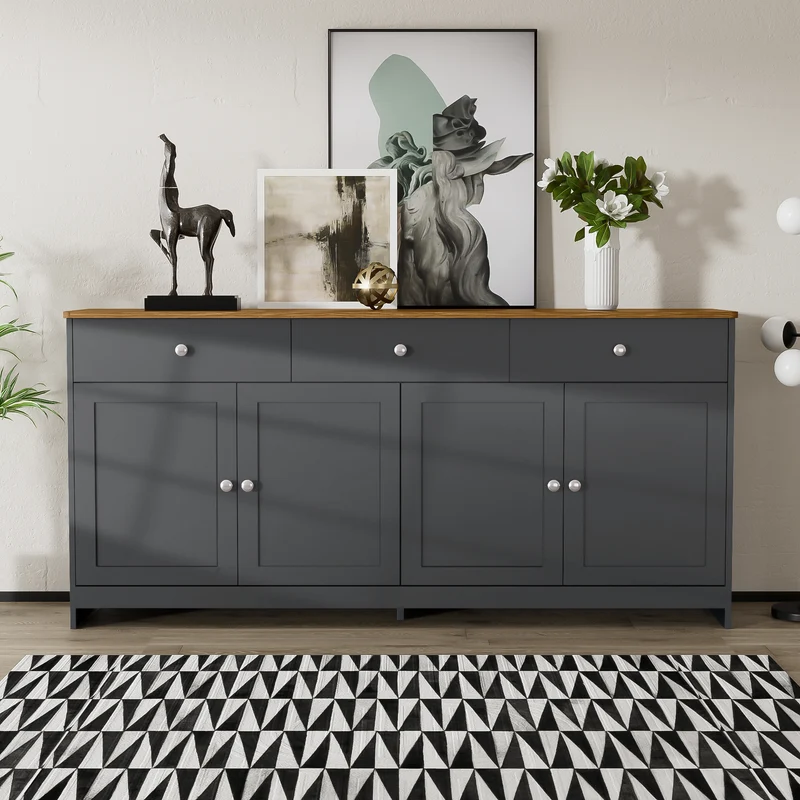 Buffet effet bois et gris 4 portes 3 tiroirs style campagne chic PLANTCOLLECTION