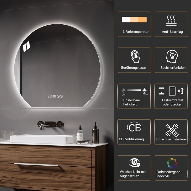 Steptoe Miroir Rond LED 80cm avec Lumière, Anti-Buée, Dimmable, 3 Couleurs – Miroir de Salle de Bain Moderne