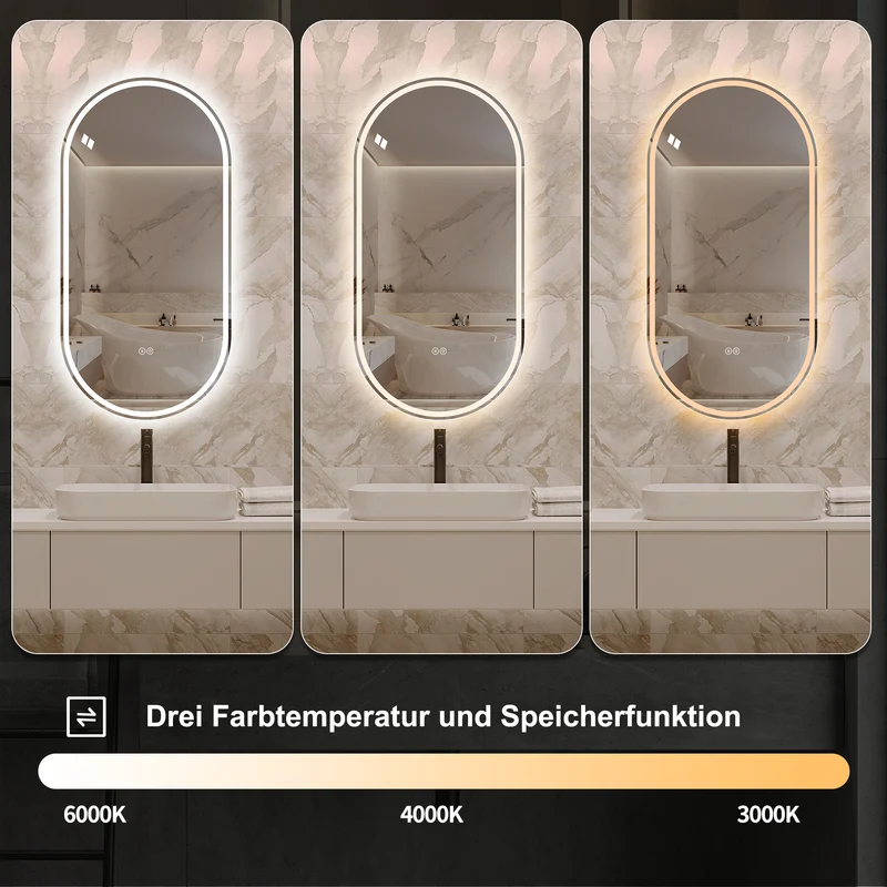 Parallelepipedous 60x120cm Miroir Ovale Sans Cadre LED, Miroir Intelligent Anti-Buée pour Salle de Bain, Argent